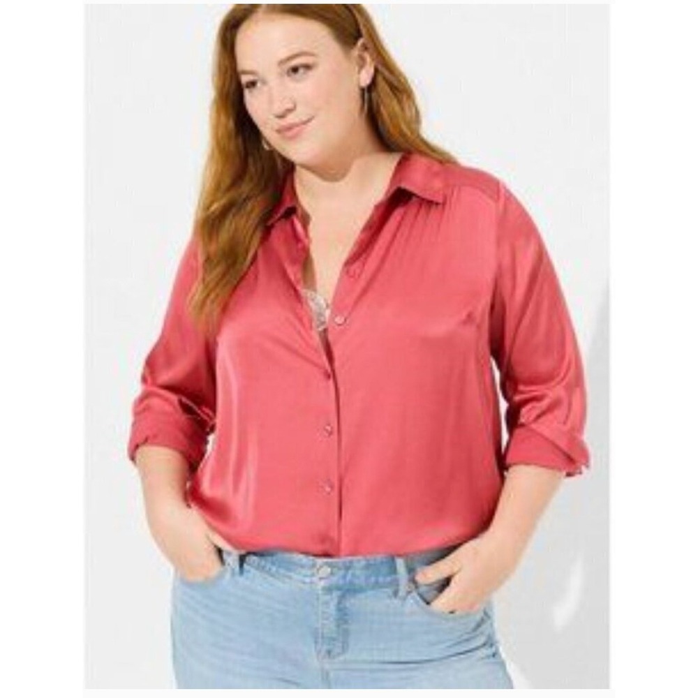 Torrid Madison Satin Button Up Long Sleeve Shirt Holly Berry Pink 0 L 12